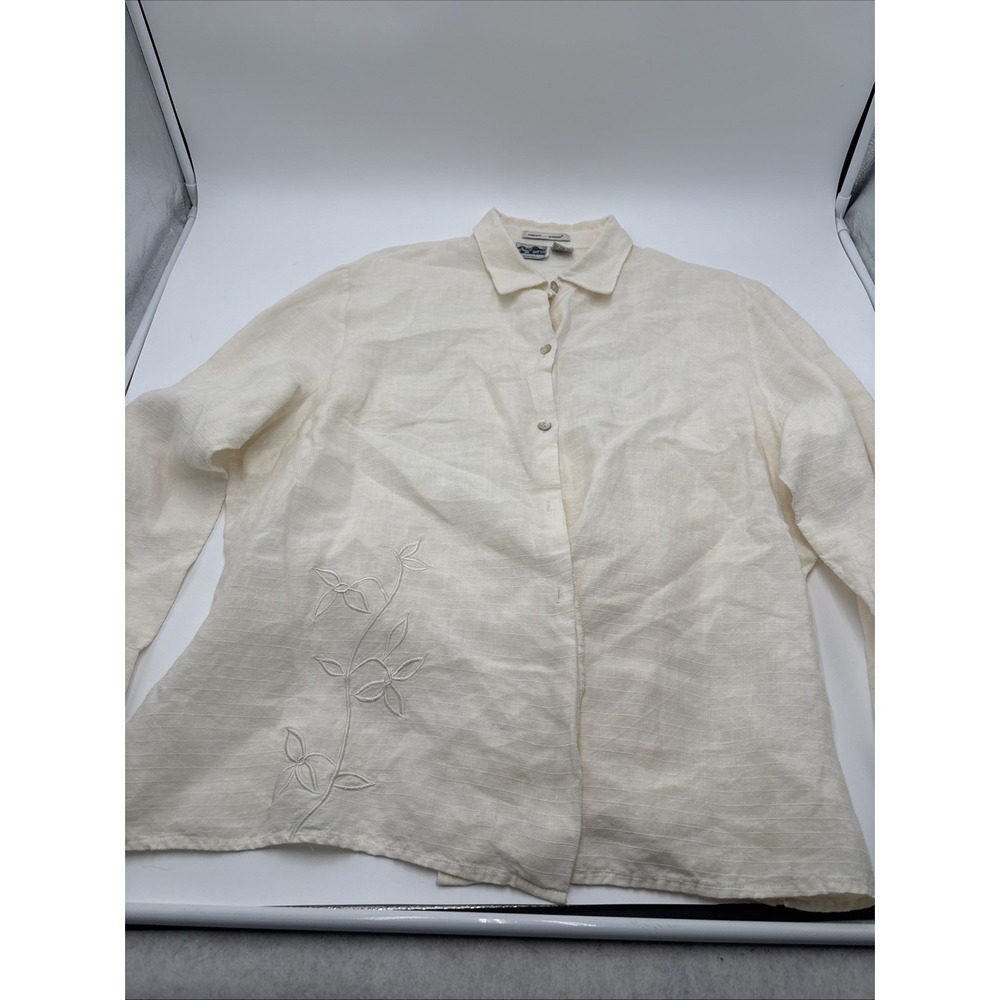 Edward Woman 100% Irish Linen Women's Blouse Size 1X Ivory Button Up Hong Kong
